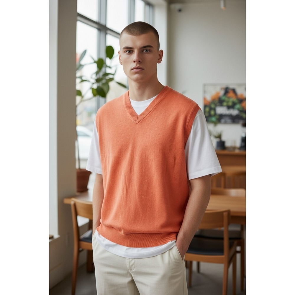 Peter Millar Mens Orange Silk Cotton Cashmere V-Neck Sweater Vest Size L